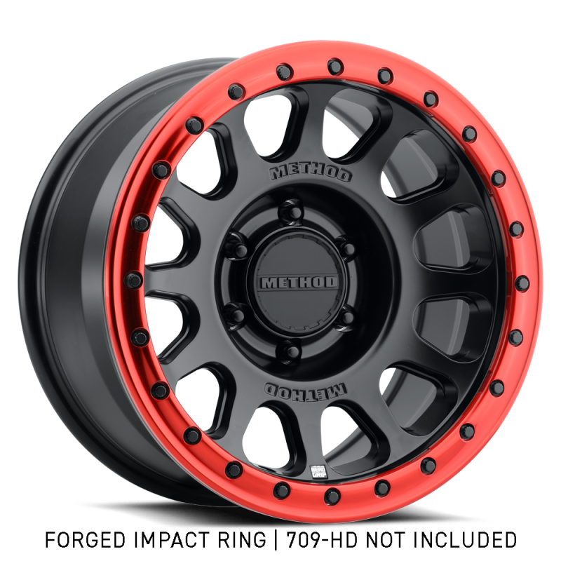 Red forged Method Beadlock Ring for 17-inch wheels, Style 1, used as a wheel accessory for off-road or custom vehicles.