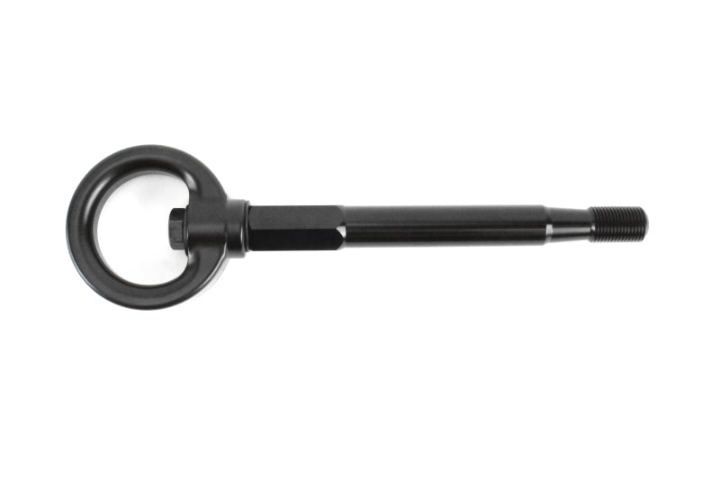 Black Perrin Performance tow hook kit for Subaru WRX, Crosstrek, Impreza, and Forester front tow hooks installed.