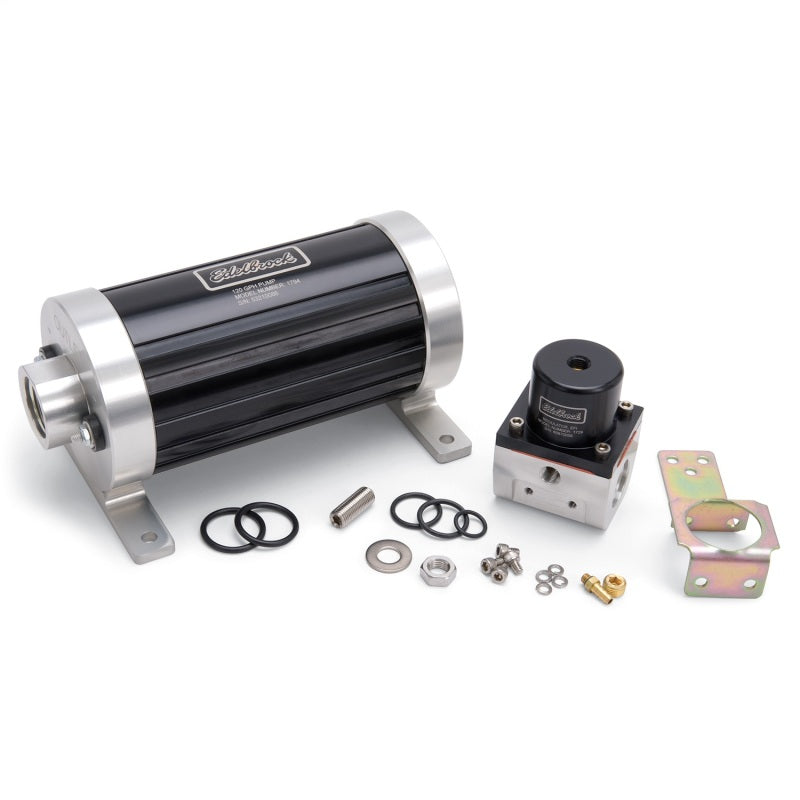 Edelbrock fuel pump kit with 1794 pump and 1729 regulator for EFI, supports up to 1500hp, shown with pump and regulator components.