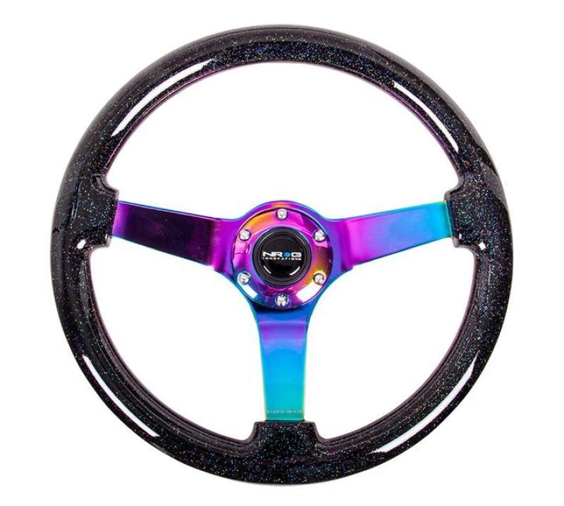 NRG reinforced steering wheel with 350mm minty fresh wood grain finish, black 3-spoke center, 3-inch deep design, automotive accessory