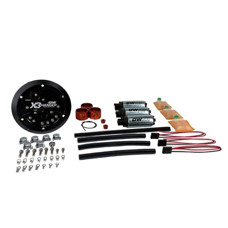 DeatschWerks X3 Series fuel pump hanger with DW200 fuel pumps for 1999-2004 Ford F-150 Lightning, showing the assembled fuel delivery system