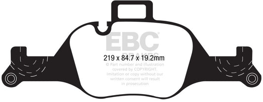 EBC Redstuff front brake pads for BMW 530 G30 2017+ performance braking system, showing the red brake pad friction material.