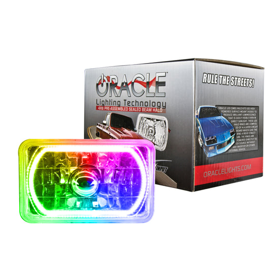 Oracle Lighting ColorSHIFT Halo sealed beam headlights, 4x6 inch, featuring customizable LED halo lighting for enhanced vehicle visibility.