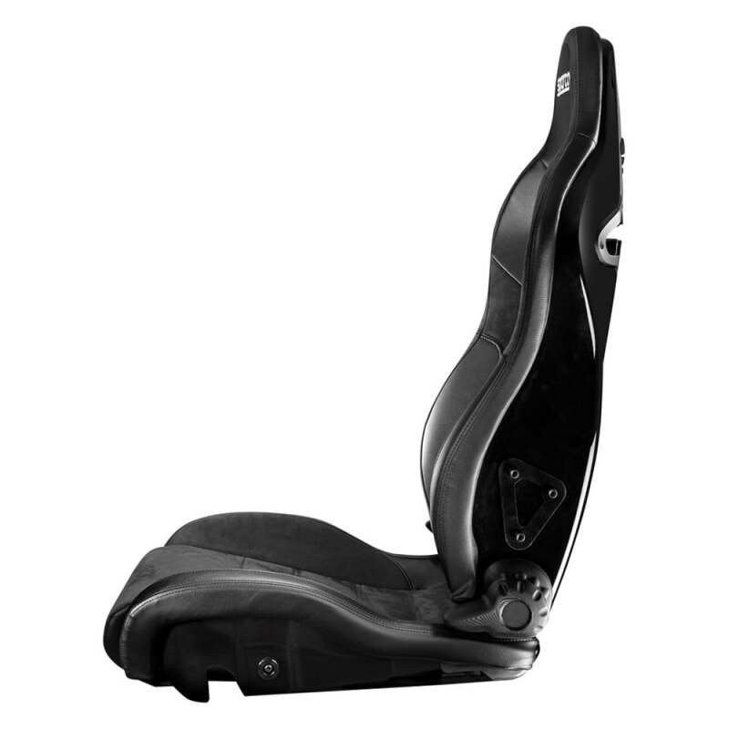 Black Sparco SP-R race seat with white logo, featuring supportive racing design and durable upholstery.