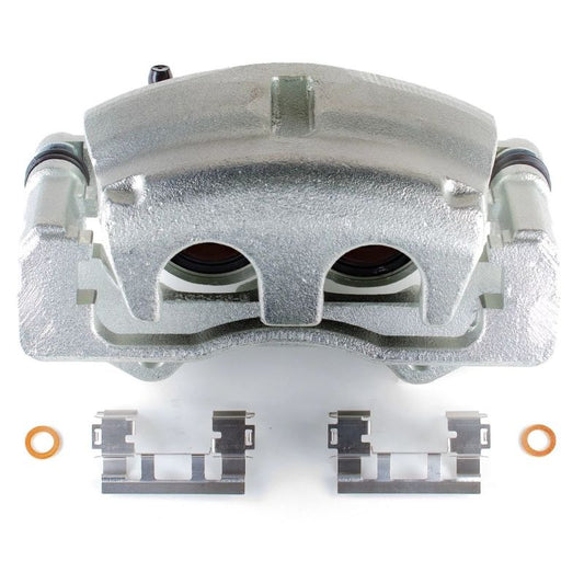 PowerStop OE front left brake caliper with bracket for Chevrolet Colorado (2009-2012), featuring detailed metal components and mounting hardware.