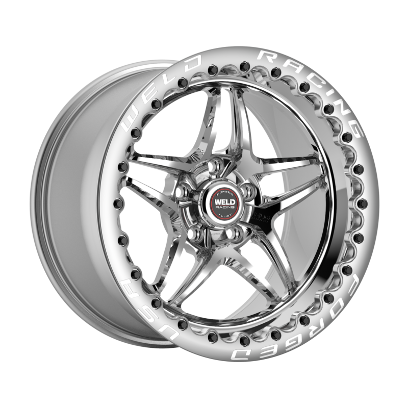Polished Weld S81 Beadlock Forged Wheel 17x10 with 5x120.65 bolt pattern and center hub details, showcasing the sleek, polished shell design.