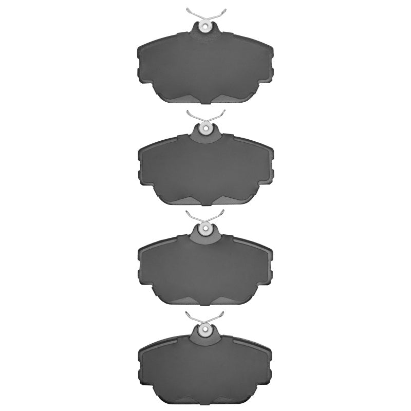 Front semi-metal brake pads for Mercury Cougar 1993-2007 by R1 Concepts, showing the OE brake pad set with metal backing plates.