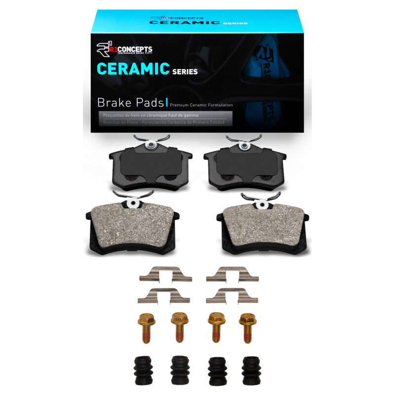 Audi A4 Quattro R1 Concepts rear ceramic brake pads and hardware kit, OE quality, with detailed hardware components.