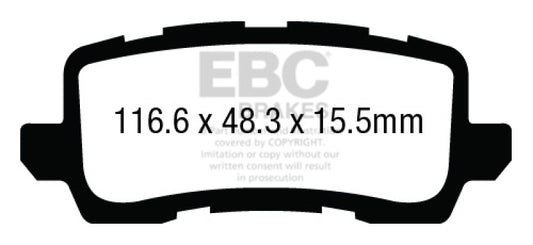 EBC 13+ Acura RLX 3.5 Redstuff rear performance brake pads, showing red friction material and metal backing plate.