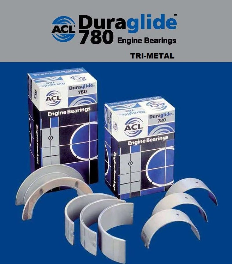 ACL Trimetal engine connecting rod bearing set for Chevrolet V8 305-350-400, showing shiny metal bearings in a clear container.