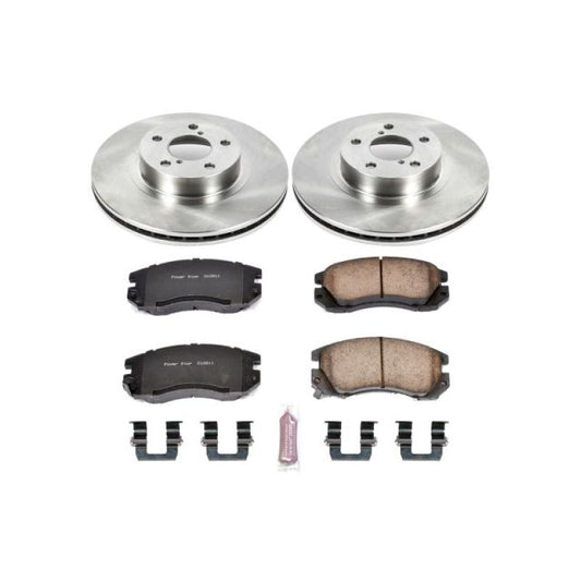 PowerStop OE brake kit for 1996 Subaru Legacy front brakes with brake rotors and pads installed.