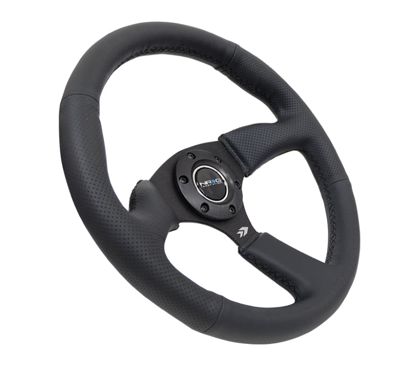 NRG reinforced black leather steering wheel, 350mm diameter with deep grip and matte black spokes for car racing or performance driving