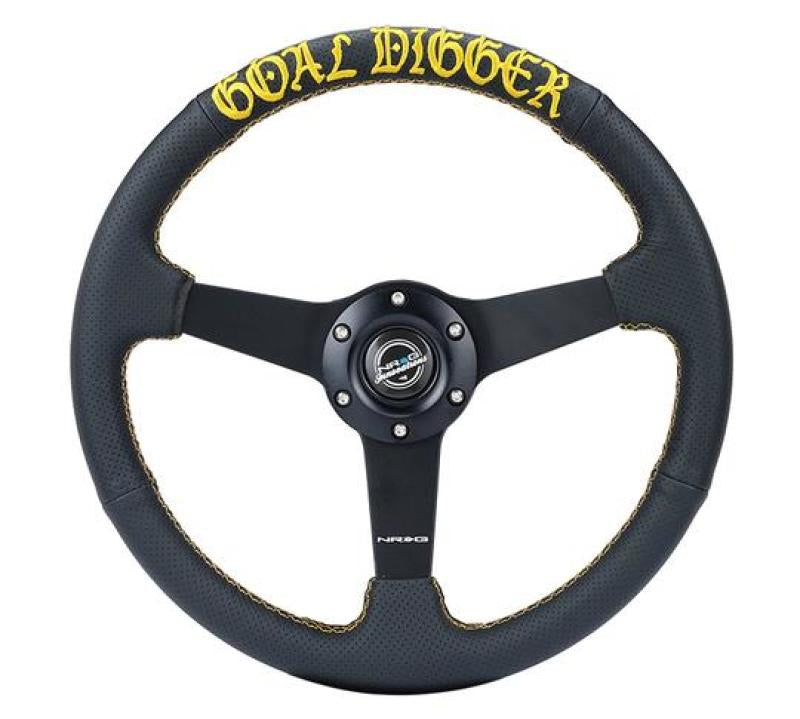 NRG Sport steering wheel, 350mm black leather with gold stitching and matte black solid spokes, designed for racing and performance vehicles.
