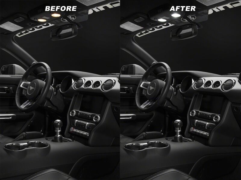 Raxiom Ford Mustang Stage 1 Map Light LED Conversion Kit installed in interior, with LED light bars and cubes for enhanced brightness.