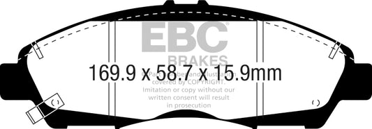 EBC 2016+ Cadillac XT5 Ultimax2 front brake pads, OE type, showing the black brake pad material with metal backing plates.