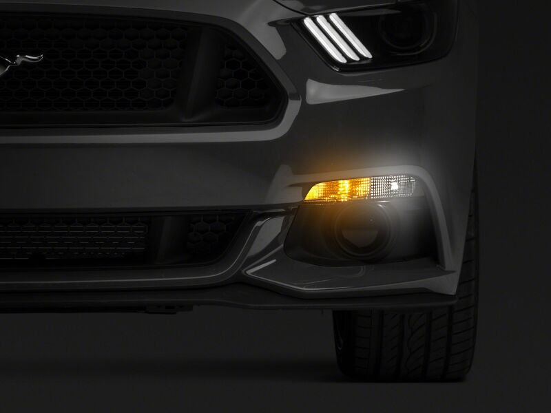 Raxiom Ford Mustang axial series sidemarker turn signal conversion kit installed on a 2015-2017 Mustang, showing clear indicator lights.