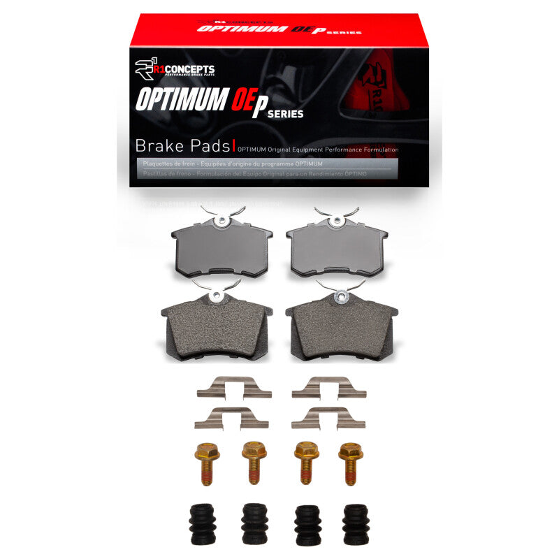 R1 Concepts Audi Allroad rear brake pads and hardware kit, OE quality, for 1999-2008 models with brake pad components and hardware.