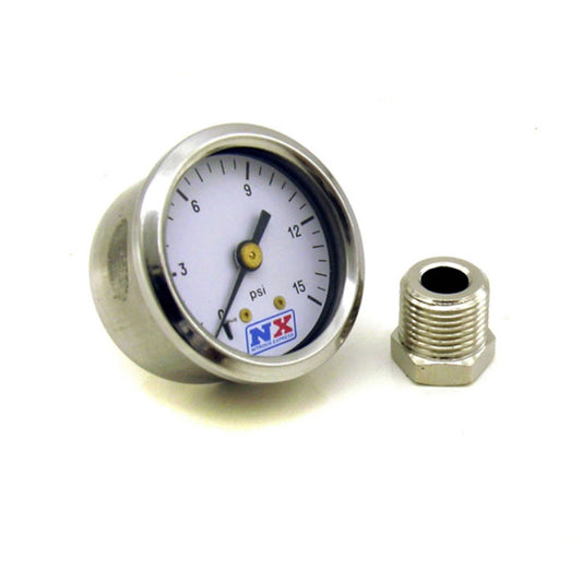 Nitrous Express pressure gauge showing 0-15 PSI with adaptor for monitoring nitrous oxide system pressure.