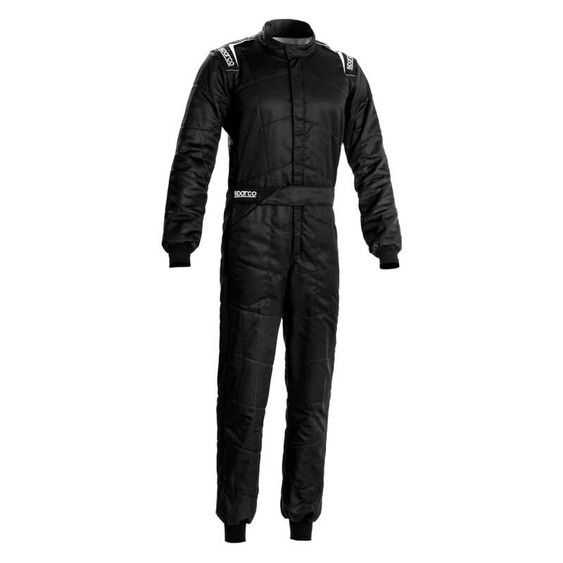 Black Sparco Sprint racing suit with boot cuff, designed for motorsport safety and performance, featuring the SPARCO brand logo.