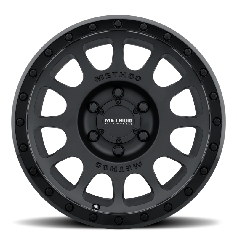 Method MR305 NV 18x9 matte black and gloss black lip cast wheel with 18mm offset for 8x170 bolt pattern and 130.81mm hub bore.