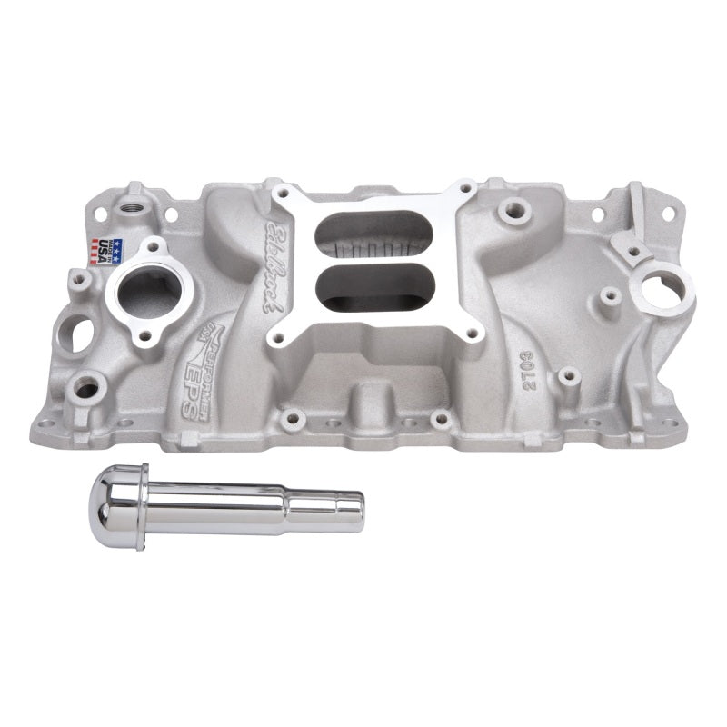 Edelbrock Performer EPS intake manifold with oil fill tube and breather for small-block Chevy engine, shown from angle.