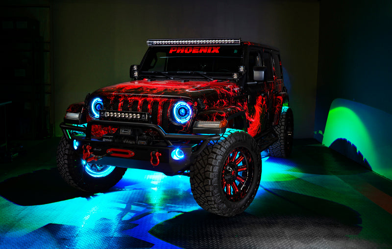 Oracle LED Illuminated Wheel Rings ColorSHIFT light strip LED showing vibrant, multicolor illumination on a vehicle wheel rim.
