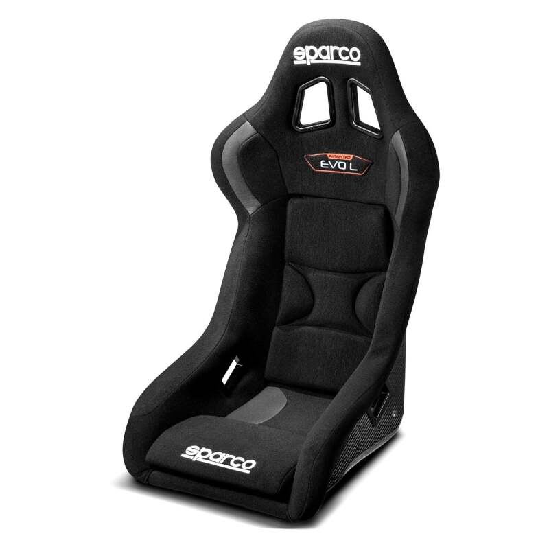 Sparco EVO L Carbon Black race seat with black upholstery and side bolsters, designed for motorsport racing.
