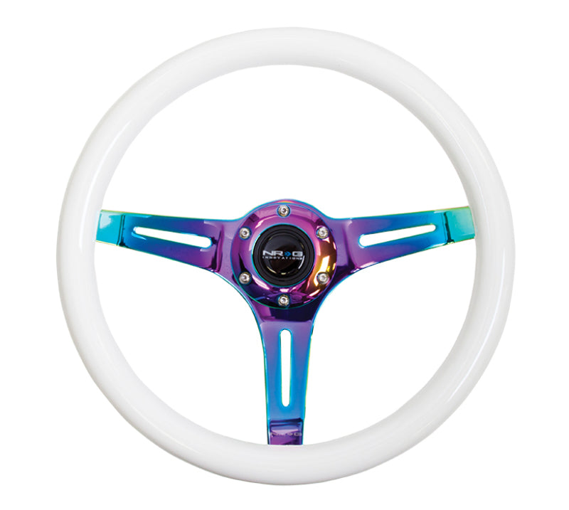 NRG Classic wood grain steering wheel with glow-in-the-dark green grip and neochrome 3-spoke center for cars.