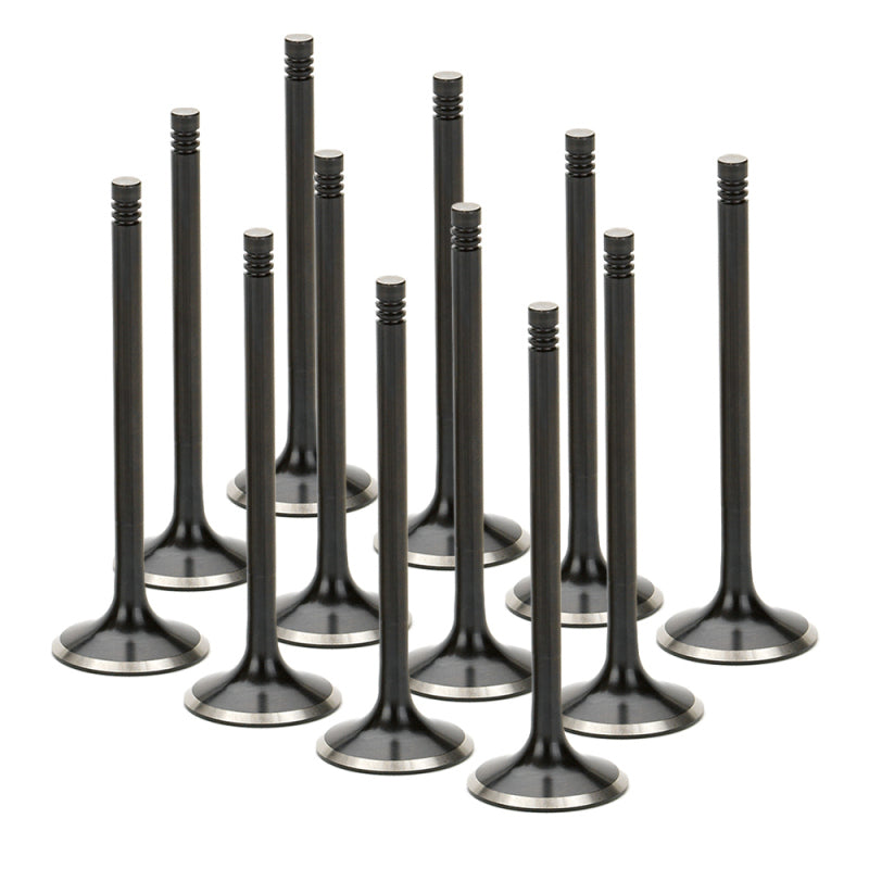 Set of 12 Supertech black nitride exhaust valves for Audi and VW 1.8T 5V engines, featuring triple groove design.