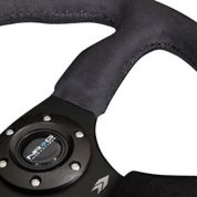 NRG reinforced steering wheel with black Alcantara grip, 350mm diameter, 2.5-inch deep, matte black spokes, comfort design
