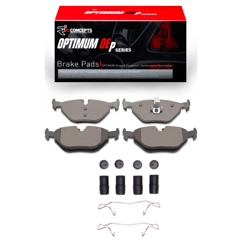 R1 Concepts Saab 9-5 rear brake pads and hardware kit, OE quality brake pads with hardware for Saab 9-5 models.