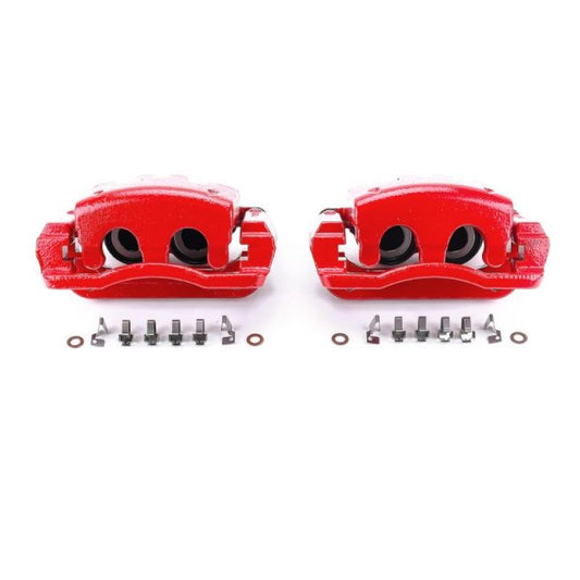 Pair of PowerStop rear red brake calipers with brackets for 2005-2007 Ford F-250 Super Duty trucks, performance brake upgrade.