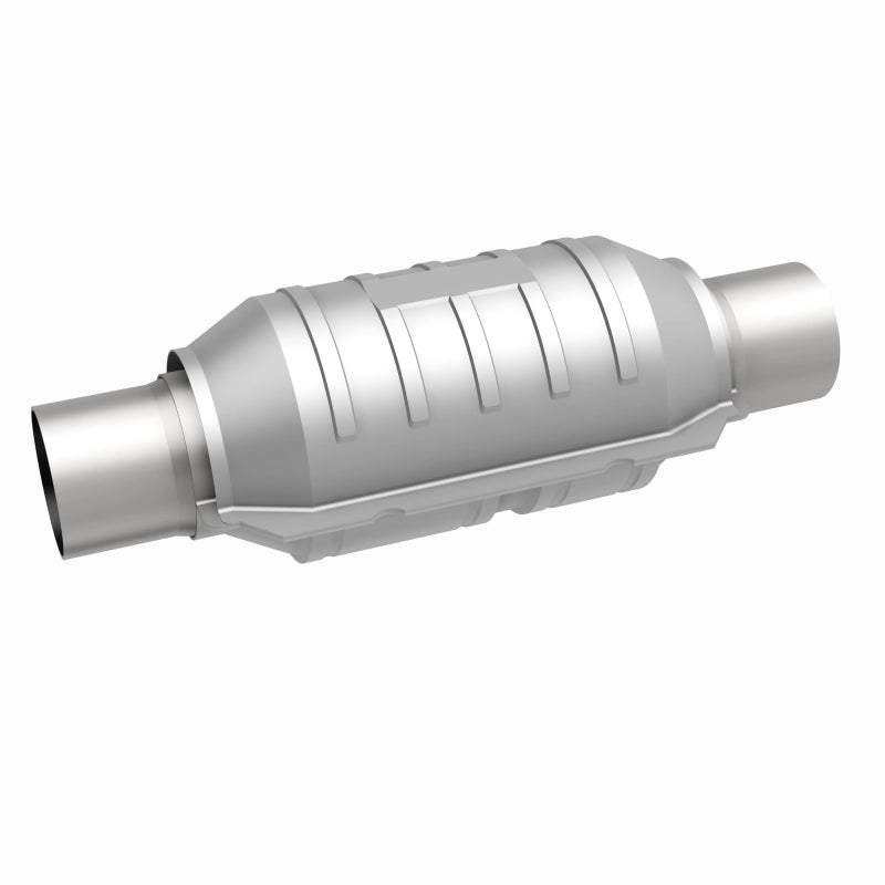 MagnaFlow universal catalytic converter with 2.25-inch inlet, OEM CARB compliant, shown from side view on a plain background.