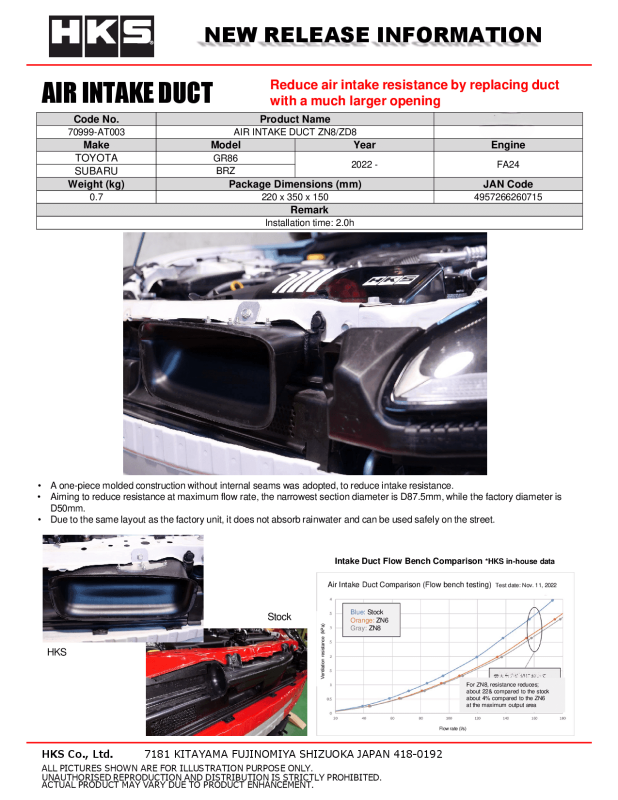 HKS air intake duct scoop for ZN8/ZD8 models, showcasing the black plastic snorkel design for improved airflow intake.