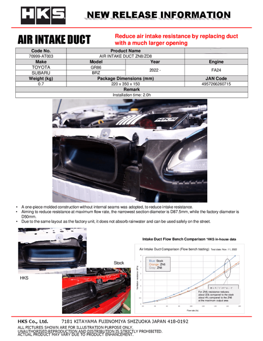 HKS air intake duct scoop for ZN8/ZD8 models, showcasing the black plastic snorkel design for improved airflow intake.