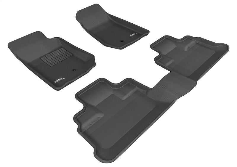 3D MAXpider black rubber floor mats for Jeep Wrangler JK Unlimited 2007-2013, full set with textured surface and raised edges.