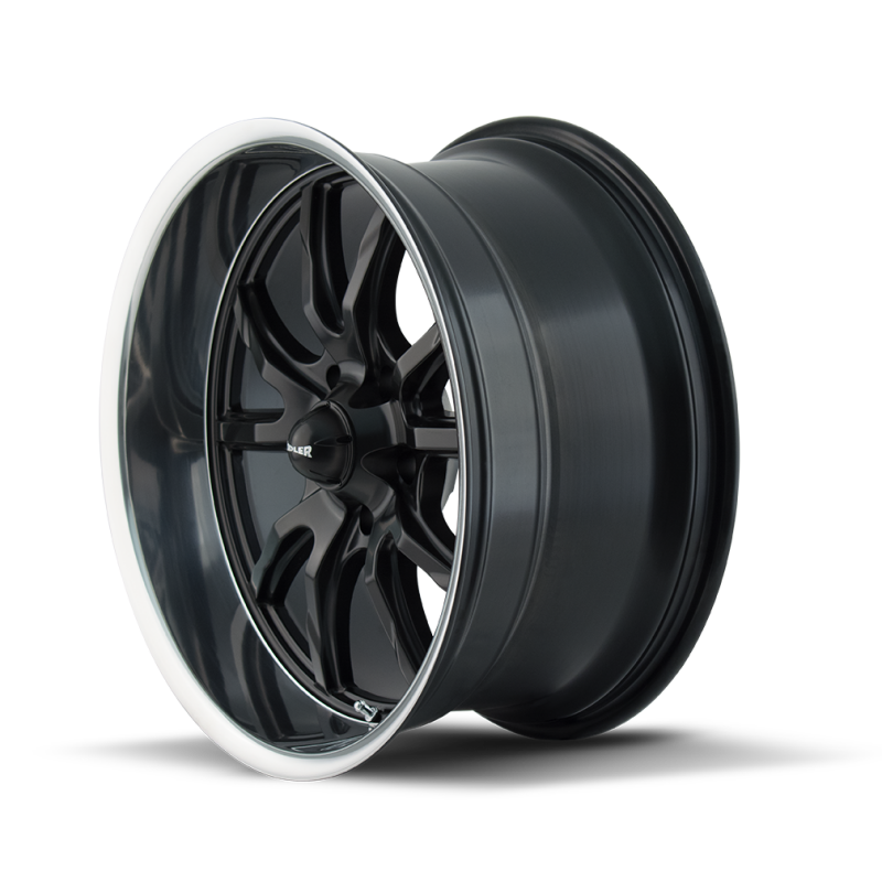 Ridler 650 matte black and polished cast wheel, 17x7 inches, 5x114.3 bolt pattern, 0mm offset, 83.82mm hub.