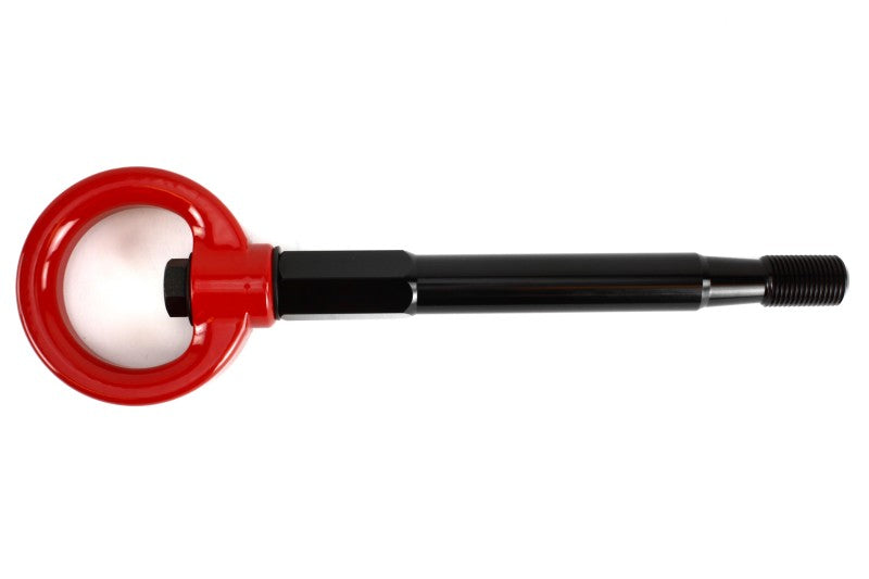 Red Perrin Performance tow hook kit for Subaru WRX, Crosstrek, OBXT, and Impreza front tow hooks on vehicle.