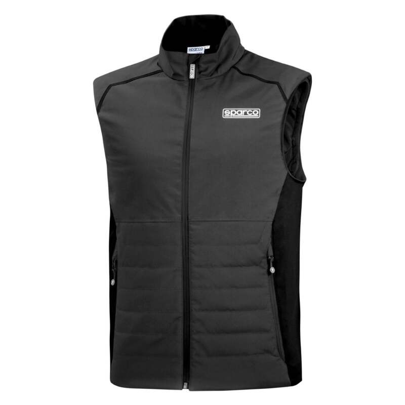 Sparco XL Gry/Black textile jacket featuring a high collar, front zipper, and sporty design with brand logo details.