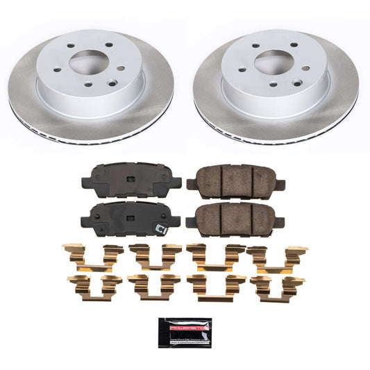 PowerStop rear semi-coated brake rotor kit for Nissan Rogue Select 2014-2015, showing shiny performance brake rotors with mounting holes