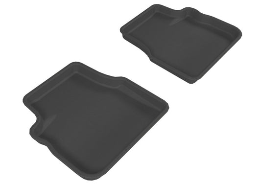 Black 3D MAXpider rubber 2nd row floor mats for Subaru Forester, Impreza, WRX, and STI models from 2009 to 2013.