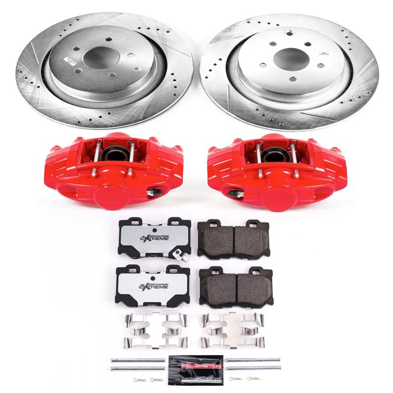 Rear PowerStop Z26 Street Warrior brake kit with calipers installed on a 2009-2013 Infiniti FX50, showing brake rotors and calipers.