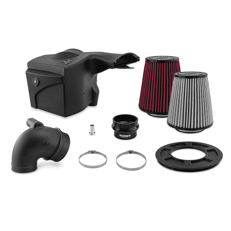 Mishimoto cold air intake system with dry filter installed in a 2019+ Ford Ranger 2.3L EcoBoost engine.