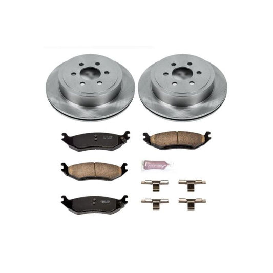 PowerStop rear autospecialty brake kit for 2003 Dodge Durango, including brake pads and rotors, installed on vehicle.