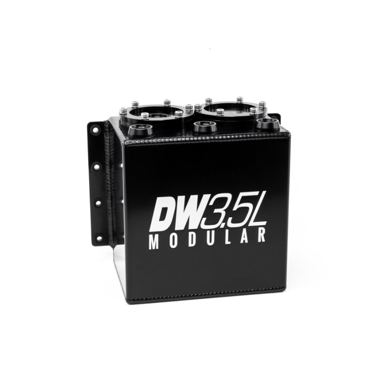 DeatschWerks 3.5L modular surge tank for fuel system with mounting and fittings, compatible with 1-2 DW350iL fuel pumps, pumps not included.