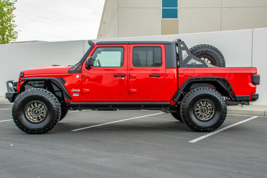 DV8 Offroad side step and slider for 2019+ Jeep Gladiator, durable black steel with textured surface for easy vehicle entry.