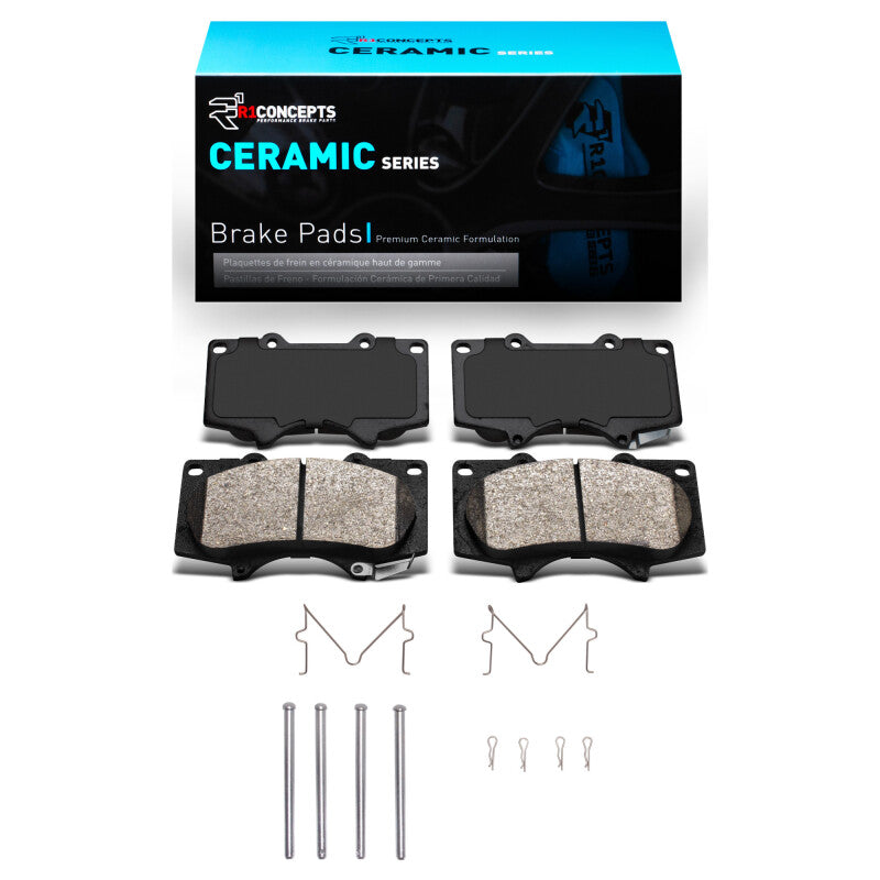 R1 Concepts OE ceramic brake pads and hardware kit for JAC Frison R1 2000-2025 front brake system, showing pads and hardware components.