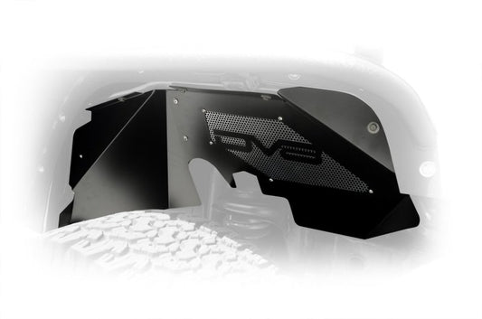 DV8 Offroad aluminum front inner fender liner for Jeep Wrangler JK 2007-2018, black wheel well liner in close-up view