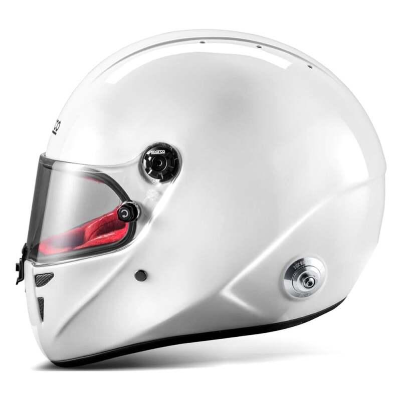 SPARCO Stealth RF helmet in white and red, small size, with aerodynamic design and ventilation features.