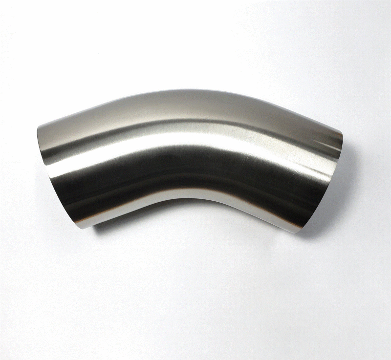 Stainless Bros 3.5-inch diameter 45-degree steel tubing bend with 1.5D wall thickness and 5.25-inch centerline radius, 16-gauge steel.